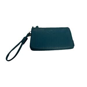 COACH Pebble Leather Double Zip Wristlet Wallet, Teal With Gold Accents